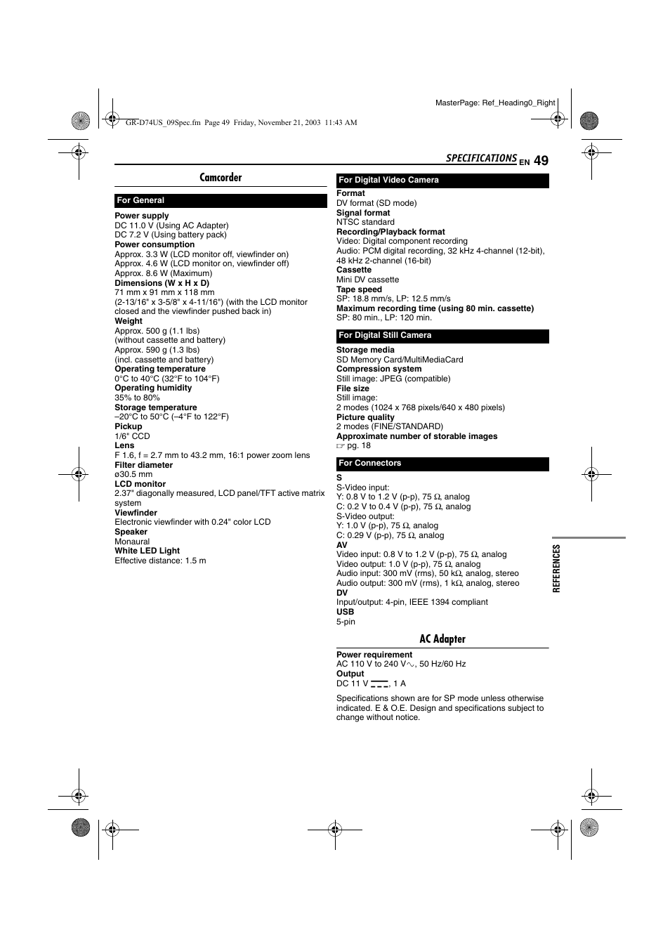 Specifications, Camcorder, Ac adapter | JVC GR-D74U User Manual | Page 49 / 56