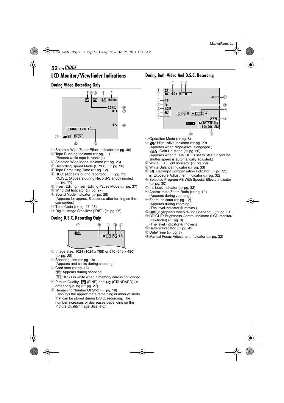 Lcd monitor/viewfinder indications, During video recording only, During d.s.c. recording only | During both video and d.s.c. recording, Pg. 52), S (੬ pg. 52) | JVC GR-D74U User Manual | Page 52 / 56