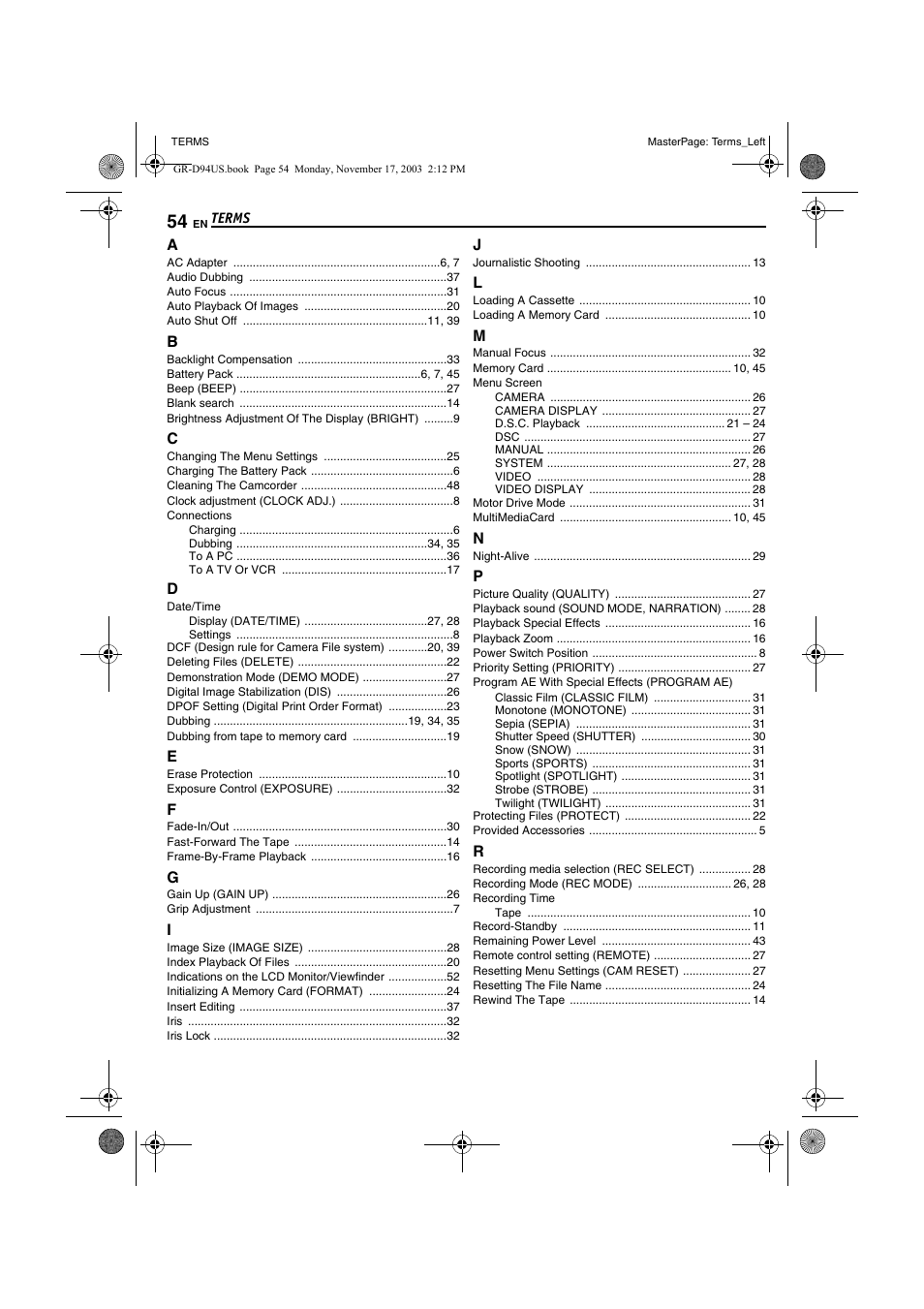 Terms, Terms 54 | JVC GR-D74U User Manual | Page 54 / 56