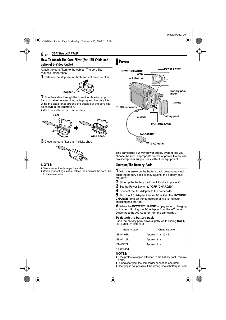 Power, Charging the battery pack | JVC GR-D74U User Manual | Page 6 / 56