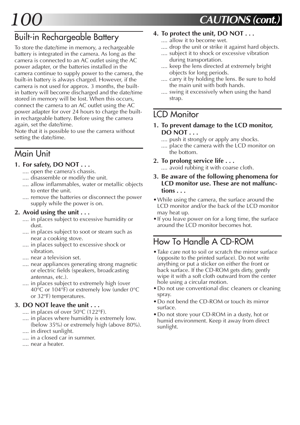 Cautions (cont.), Built-in rechargeable battery, Main unit | Lcd monitor, How to handle a cd-rom | JVC GC-QX5HD User Manual | Page 100 / 104