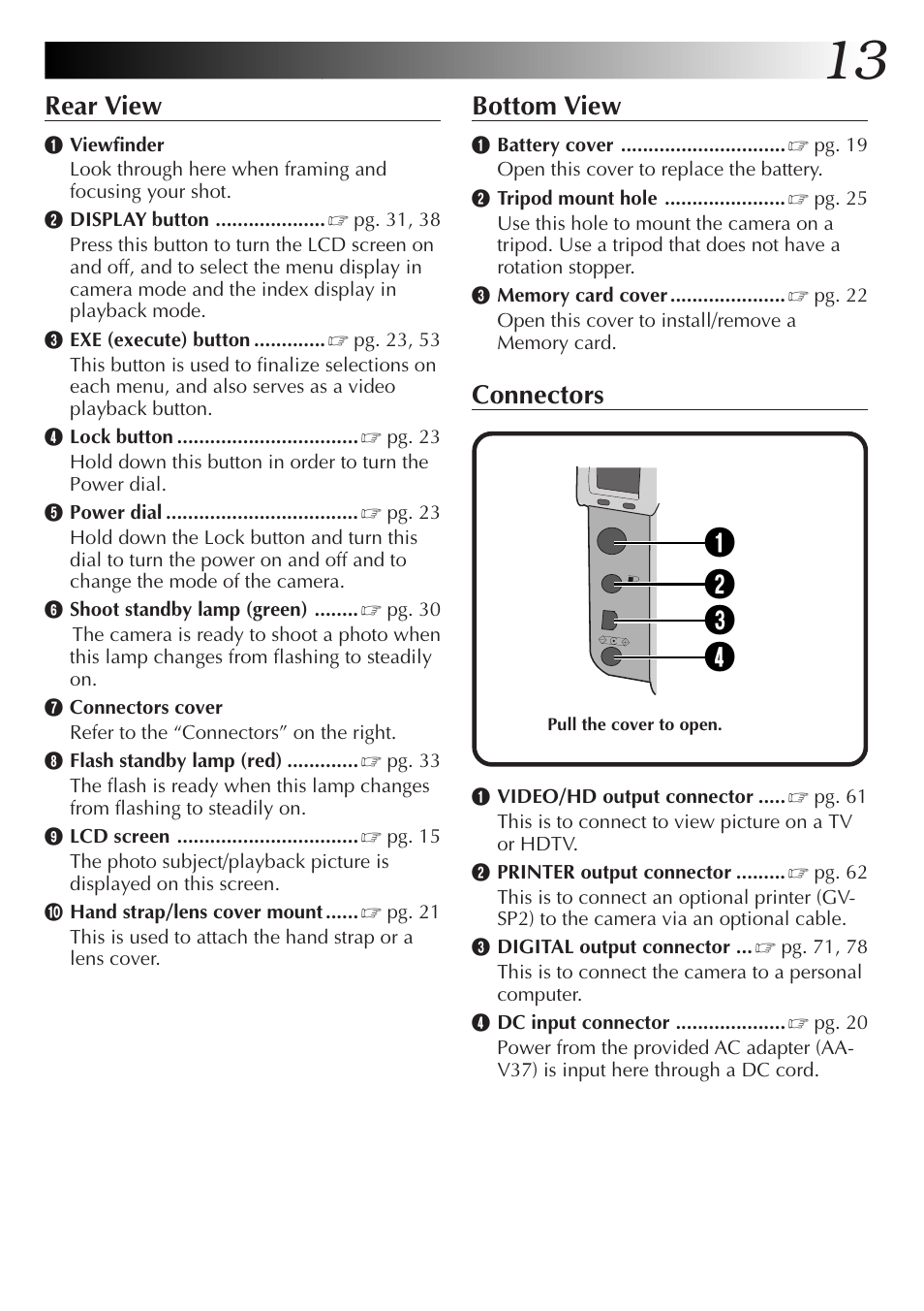 Rear view, Bottom view, Connectors | JVC GC-QX5HD User Manual | Page 13 / 104