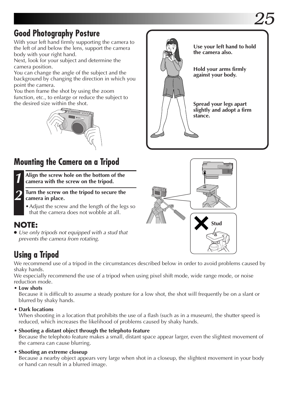 Good photography posture, Using a tripod, Mounting the camera on a tripod | JVC GC-QX5HD User Manual | Page 25 / 104