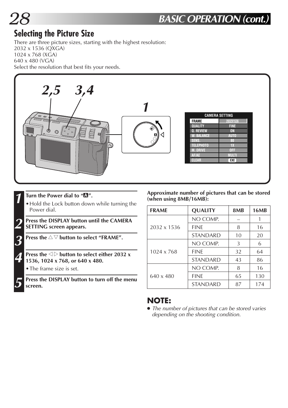 Basic operation (cont.), Selecting the picture size | JVC GC-QX5HD User Manual | Page 28 / 104