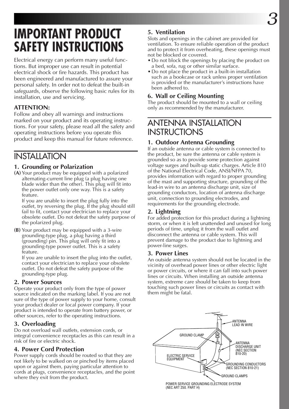 Important product safety instructions, Antenna installation instructions, Installation | JVC GC-QX5HD User Manual | Page 3 / 104