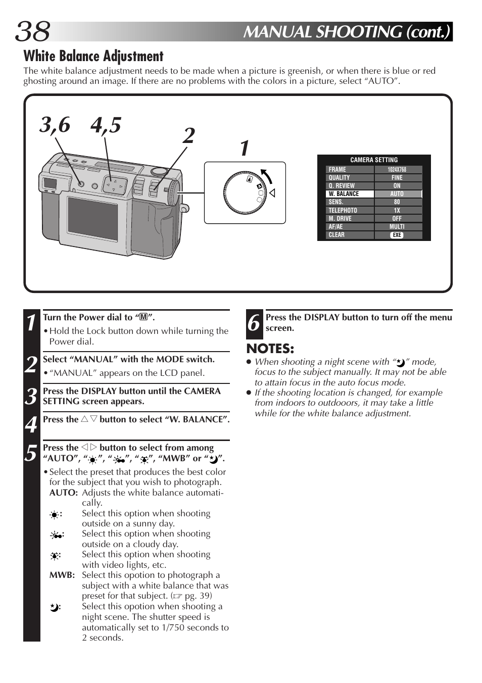 Manual shooting (cont.), White balance adjustment | JVC GC-QX5HD User Manual | Page 38 / 104