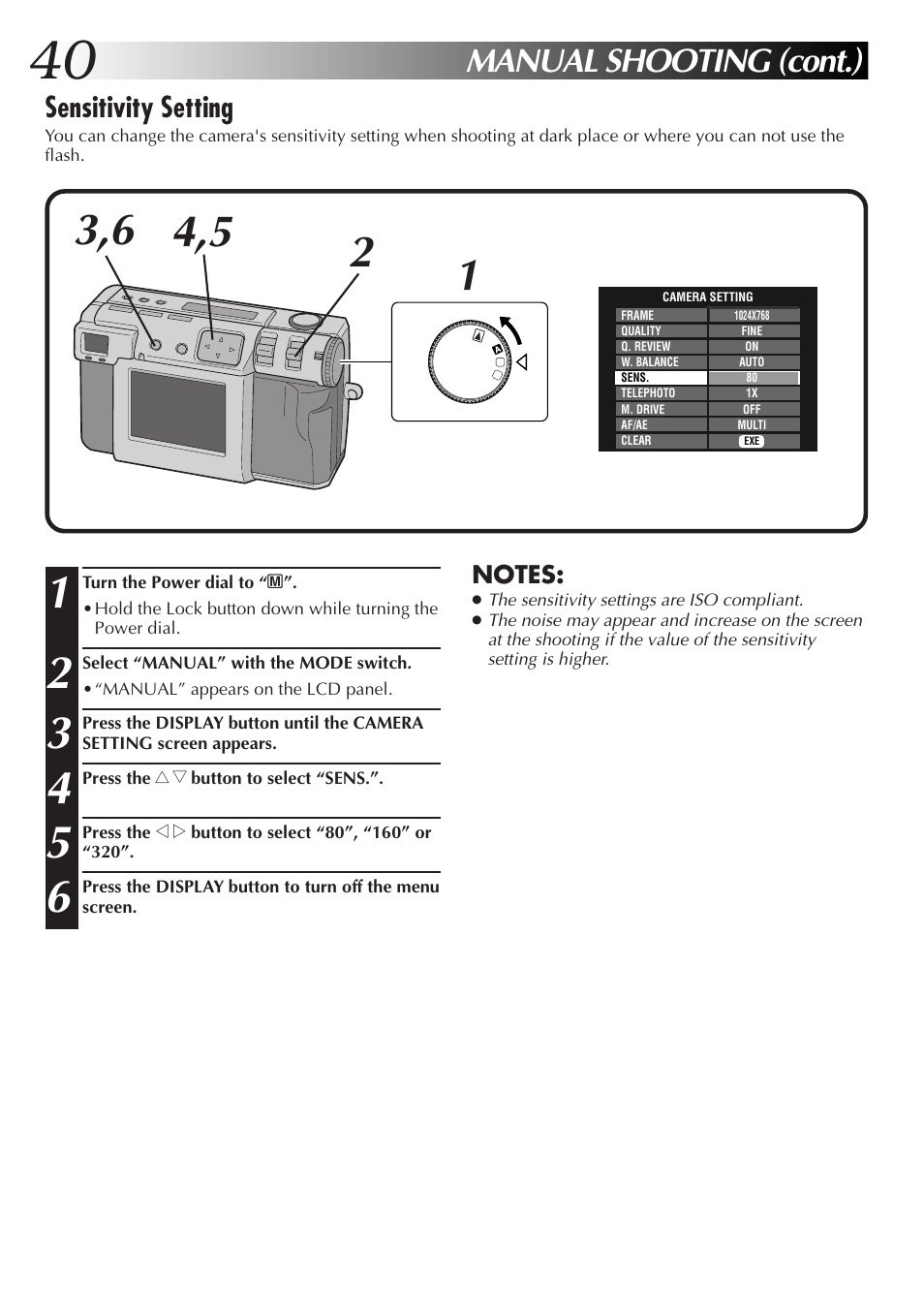 Manual shooting (cont.), Sensitivity setting | JVC GC-QX5HD User Manual | Page 40 / 104