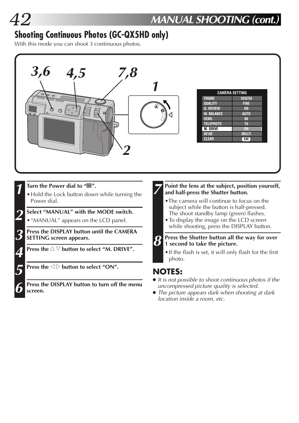 Manual shooting (cont.), Shooting continuous photos (gc-qx5hd only) | JVC GC-QX5HD User Manual | Page 42 / 104