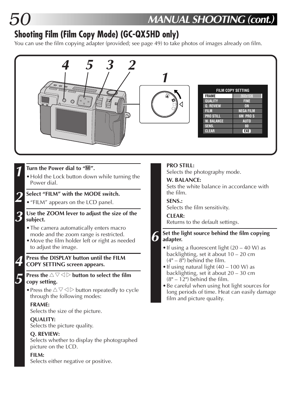 Manual shooting (cont.), Shooting film (film copy mode) (gc-qx5hd only) | JVC GC-QX5HD User Manual | Page 50 / 104