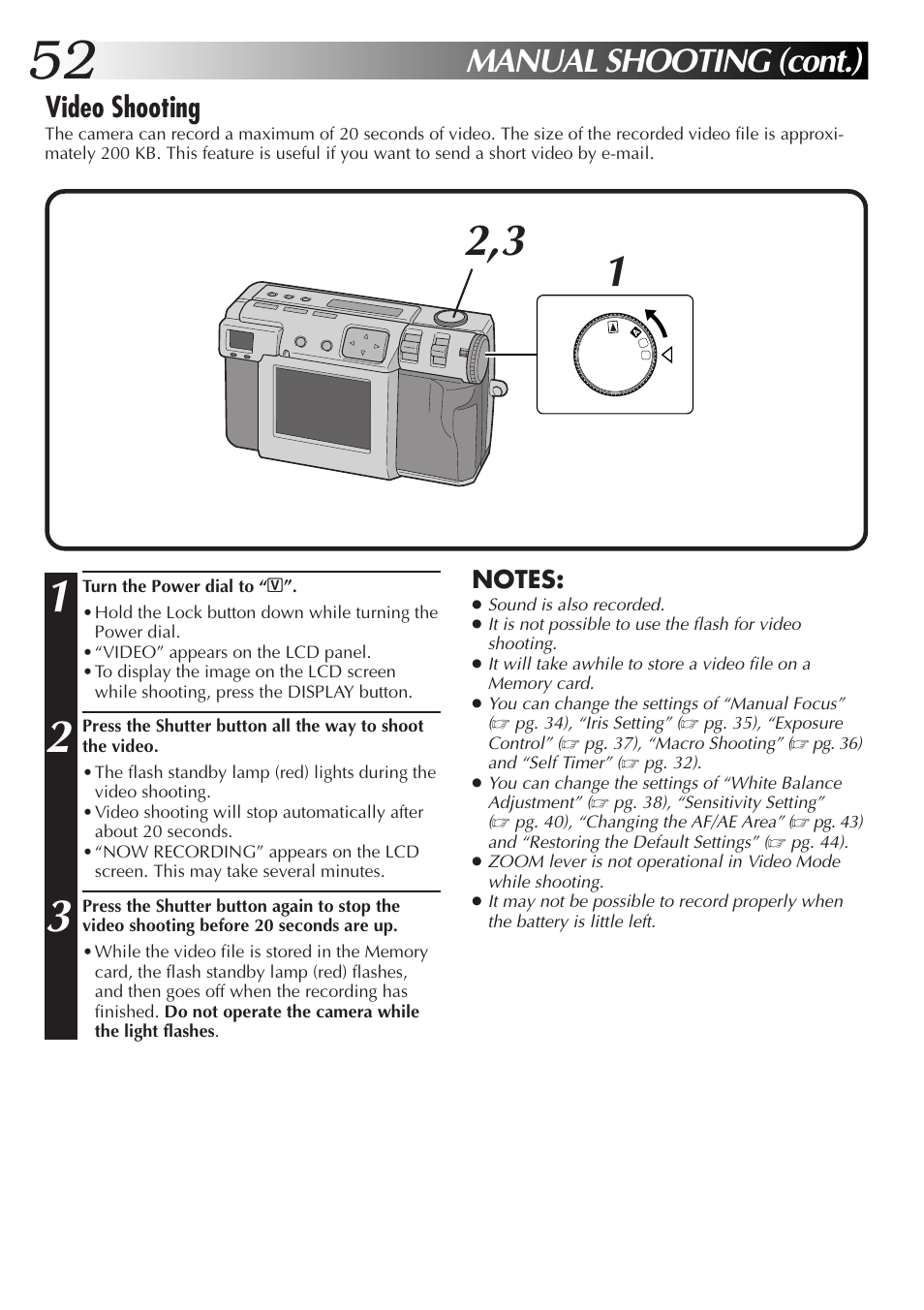 Manual shooting (cont.), Video shooting | JVC GC-QX5HD User Manual | Page 52 / 104