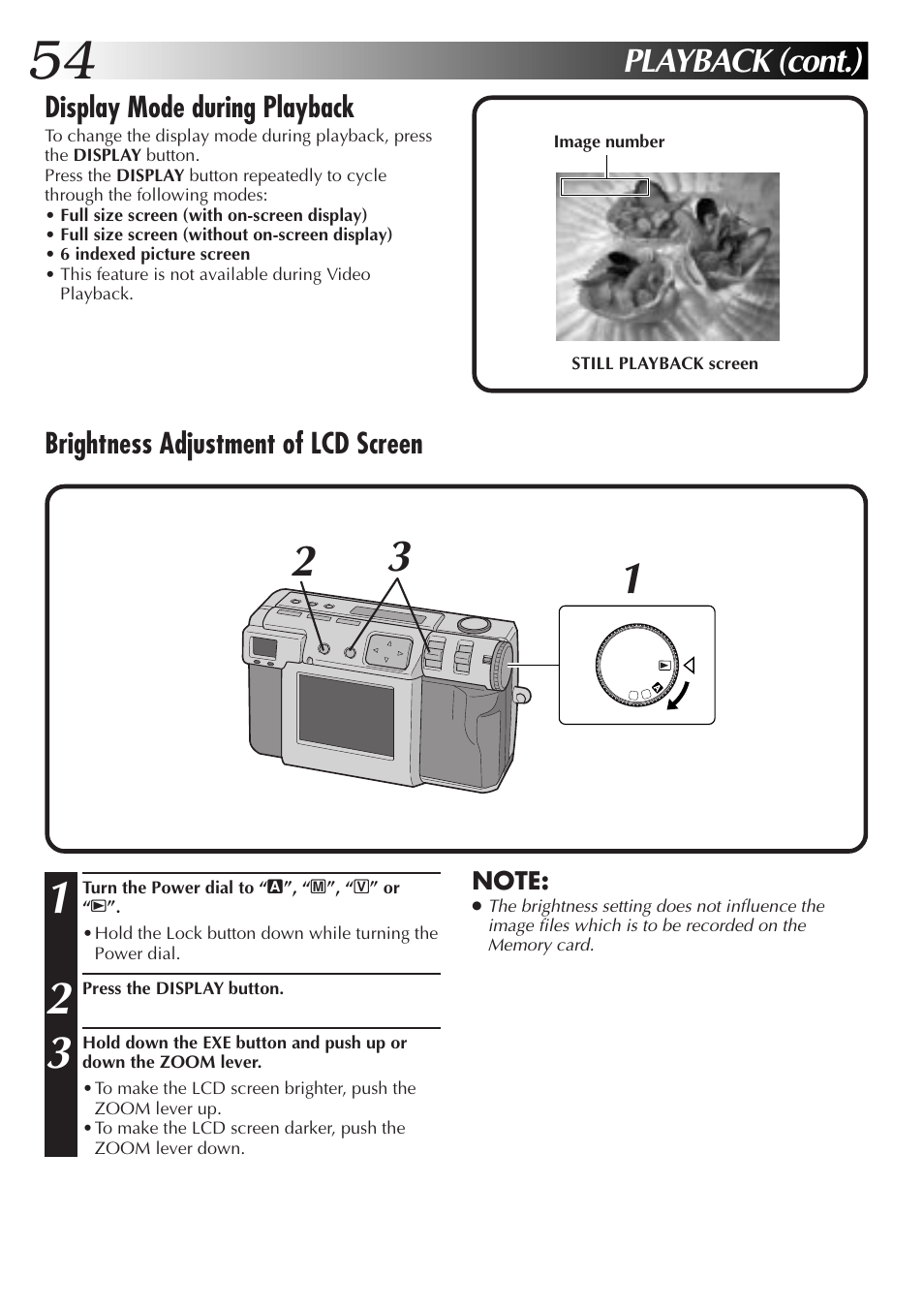 Playback (cont.), Display mode during playback, Brightness adjustment of lcd screen | JVC GC-QX5HD User Manual | Page 54 / 104