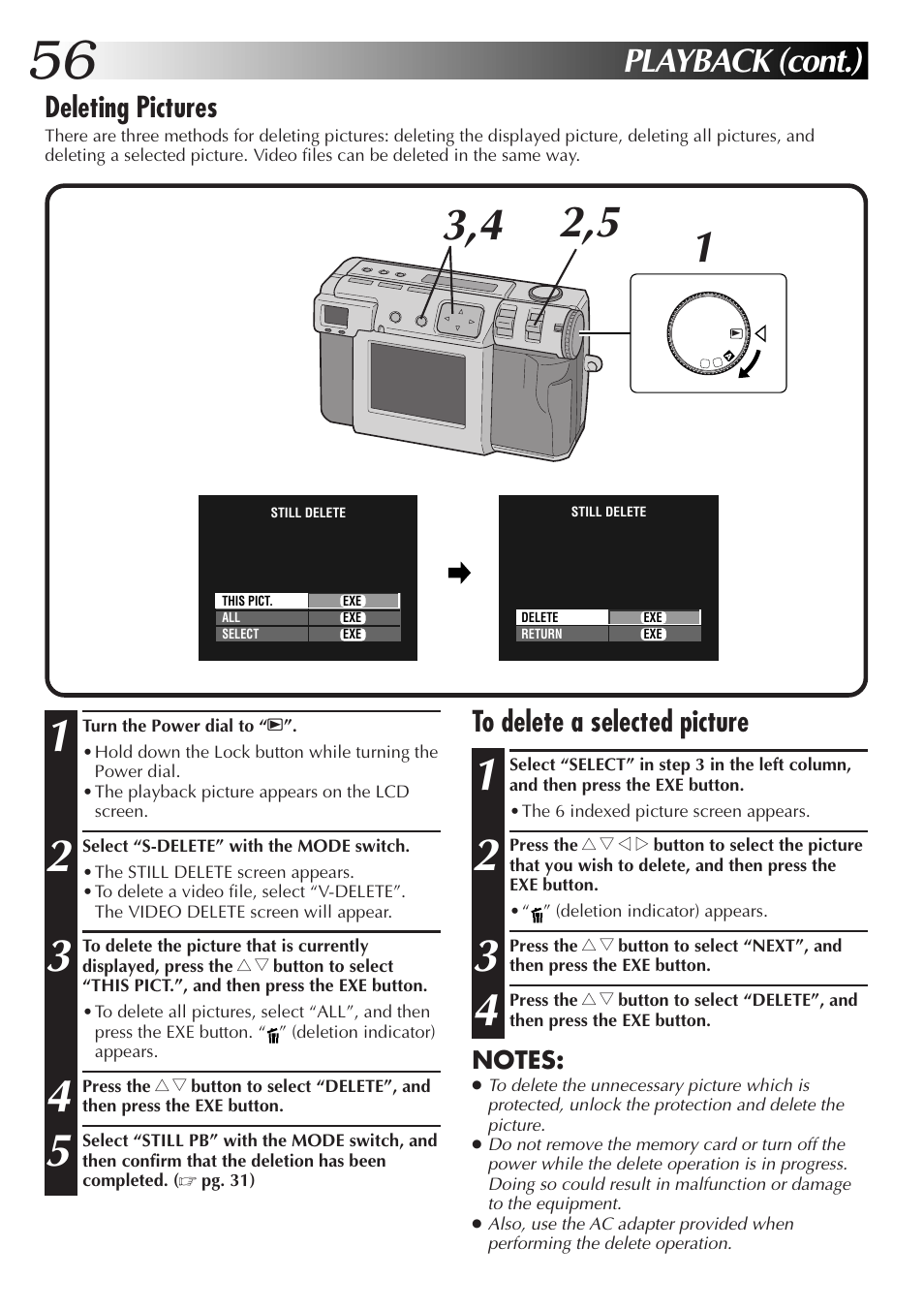 Playback (cont.), Deleting pictures | JVC GC-QX5HD User Manual | Page 56 / 104