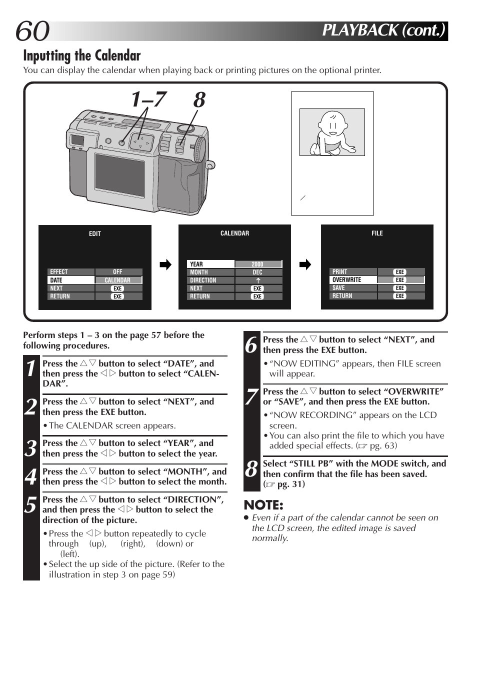 Playback (cont.), Inputting the calendar | JVC GC-QX5HD User Manual | Page 60 / 104