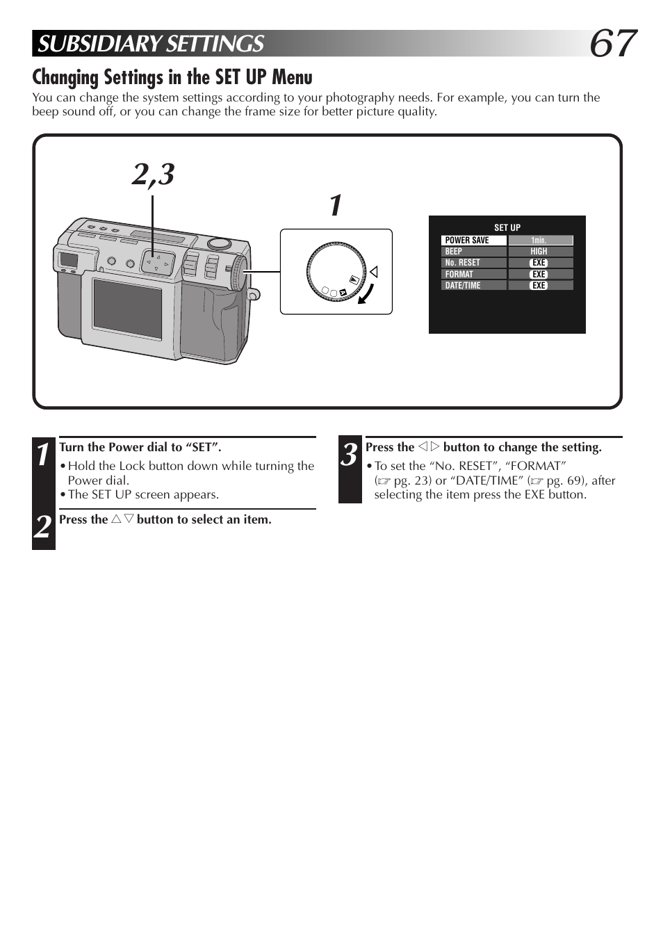 Subsidiary settings, Changing settings in the set up menu | JVC GC-QX5HD User Manual | Page 67 / 104