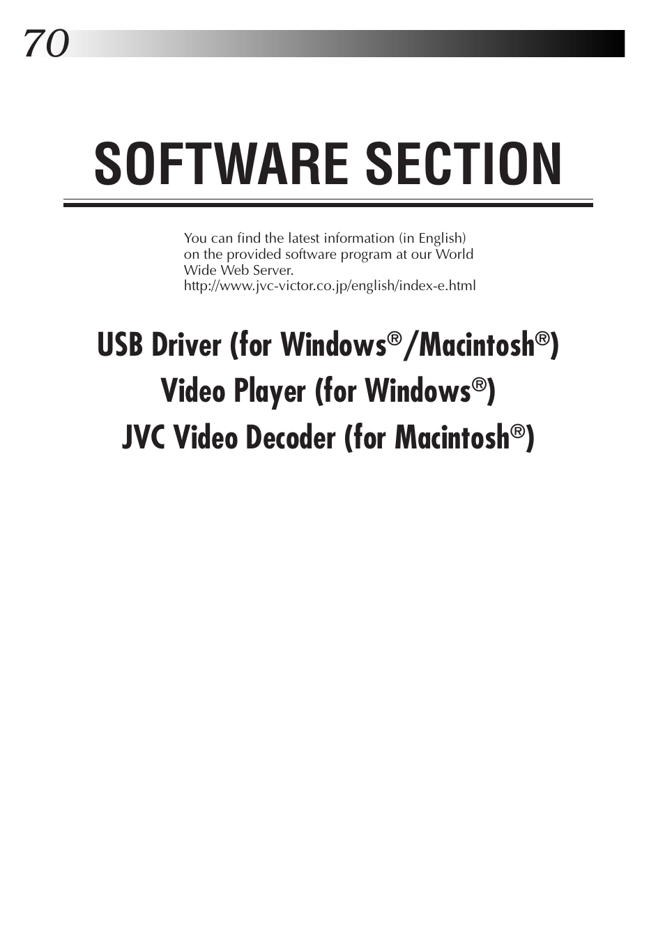 Usb driver (for windows, Macintosh, Video player (for windows | Jvc video decoder (for macintosh | JVC GC-QX5HD User Manual | Page 70 / 104