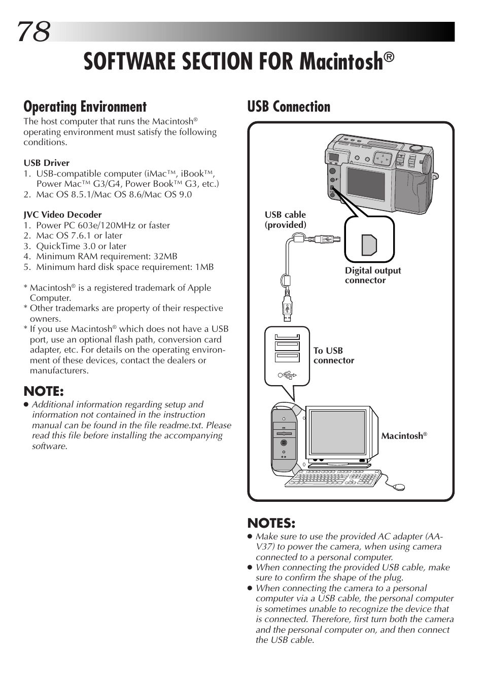 Operating environment, Usb connection | JVC GC-QX5HD User Manual | Page 78 / 104