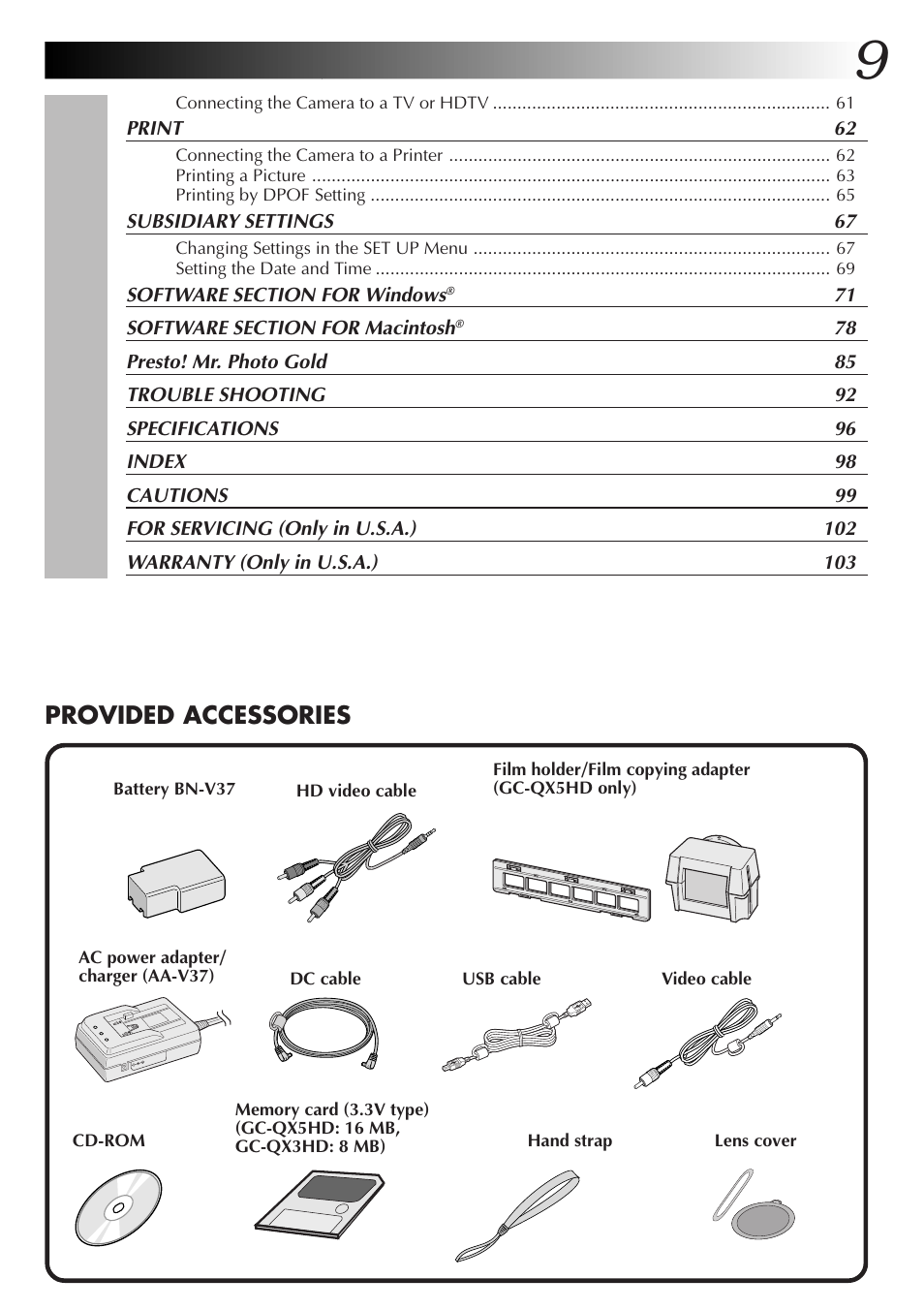 Provided accessories | JVC GC-QX5HD User Manual | Page 9 / 104