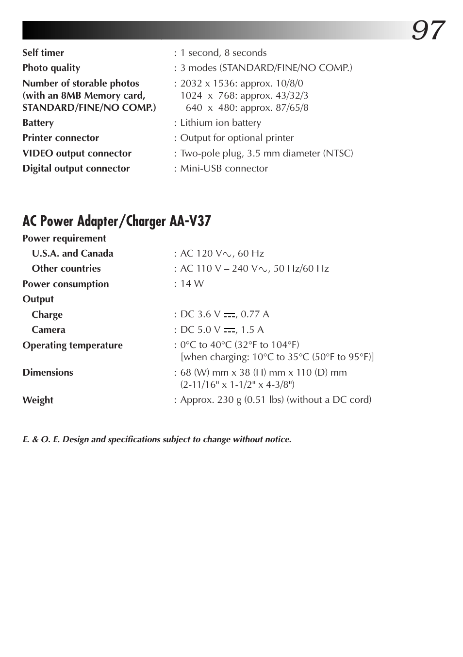 Ac power adapter/charger aa-v37 | JVC GC-QX5HD User Manual | Page 97 / 104