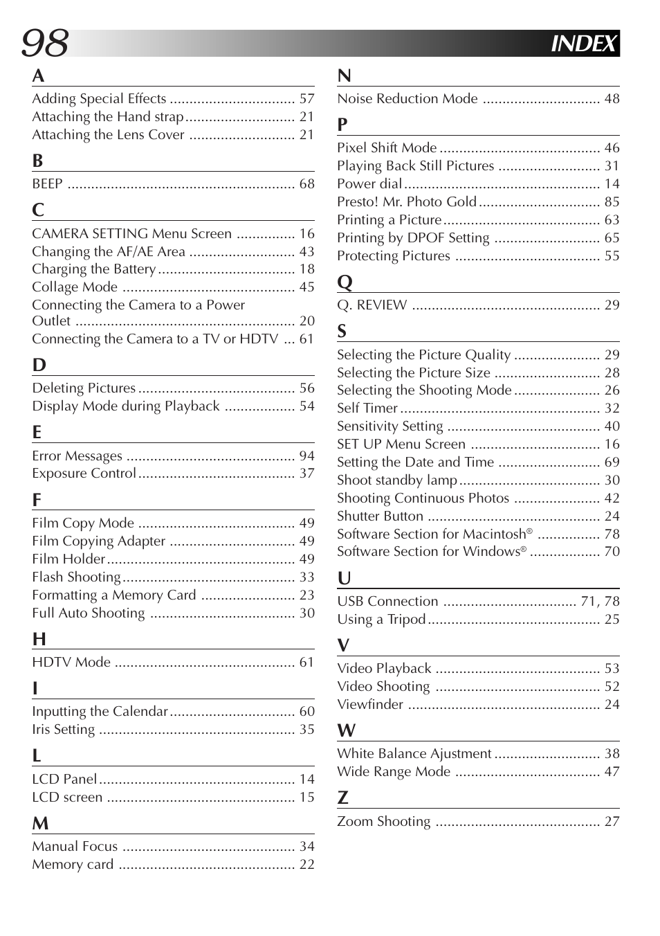 Index | JVC GC-QX5HD User Manual | Page 98 / 104