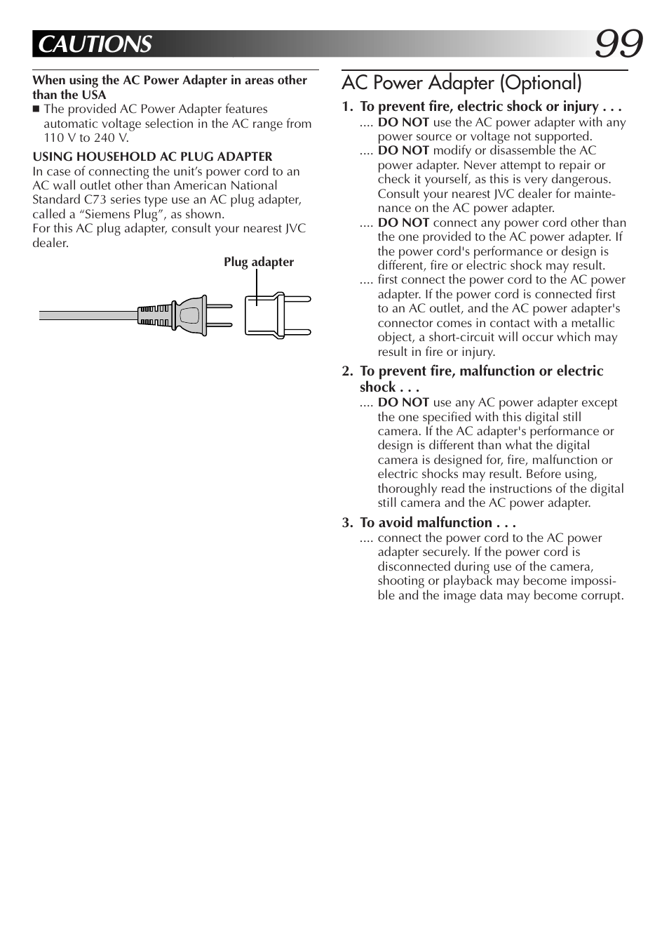 Cautions, Ac power adapter (optional) | JVC GC-QX5HD User Manual | Page 99 / 104