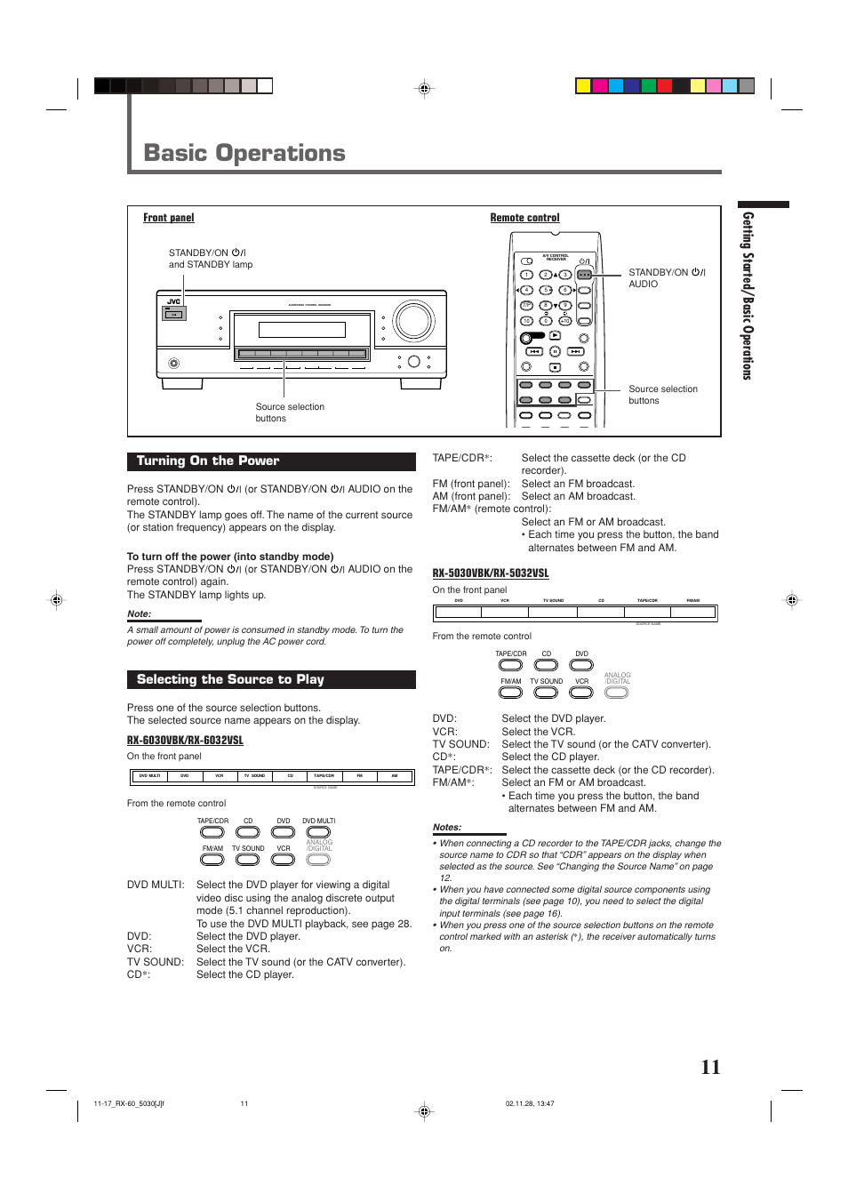 Basic operations, Getting started/basic operations, Turning on the power | Selecting the source to play, Input analog input att fm/am reset | JVC RX-6030VBK User Manual | Page 13 / 87