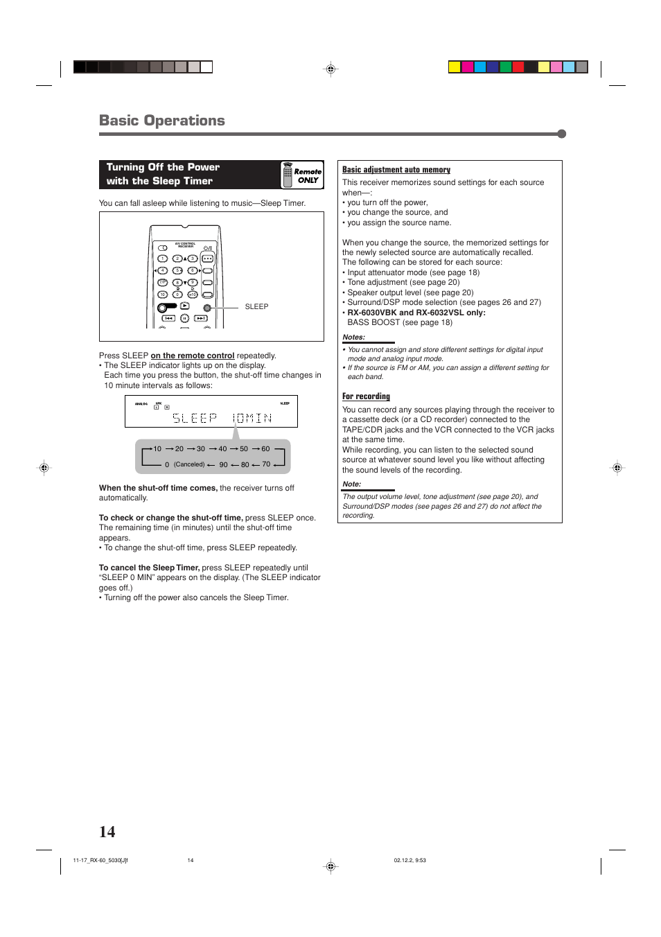 Basic operations, Turning off the power with the sleep timer, For recording | JVC RX-6030VBK User Manual | Page 16 / 87