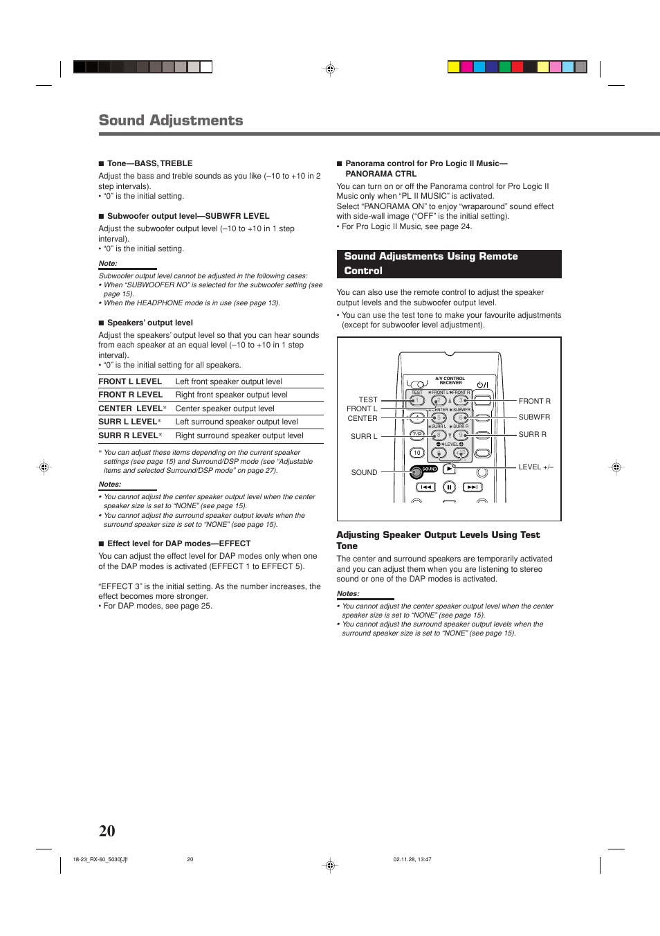 Sound adjustments, Sound adjustments using remote control | JVC RX-6030VBK User Manual | Page 22 / 87