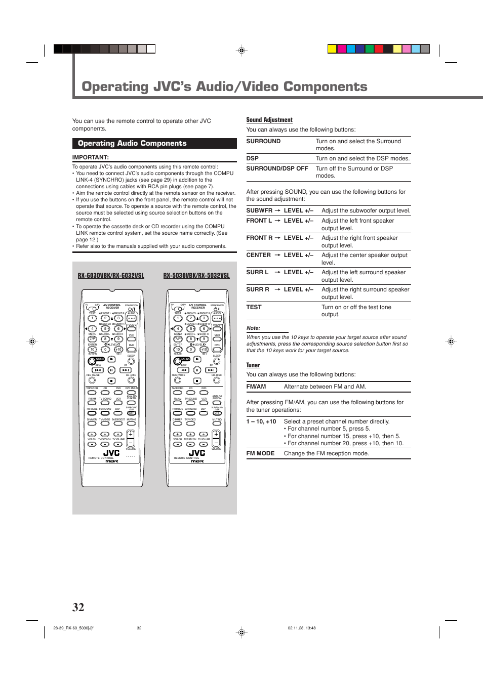 Operating jvc’s audio/video components, Operating audio components, Tuner | Important | JVC RX-6030VBK User Manual | Page 34 / 87