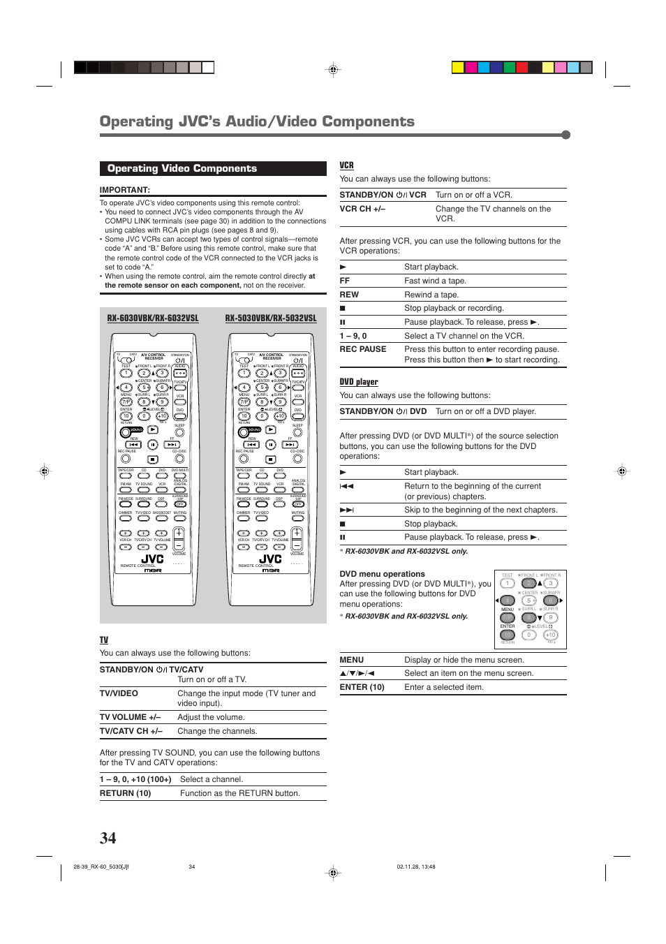 Operating jvc’s audio/video components, Operating video components, Dvd player | Important | JVC RX-6030VBK User Manual | Page 36 / 87