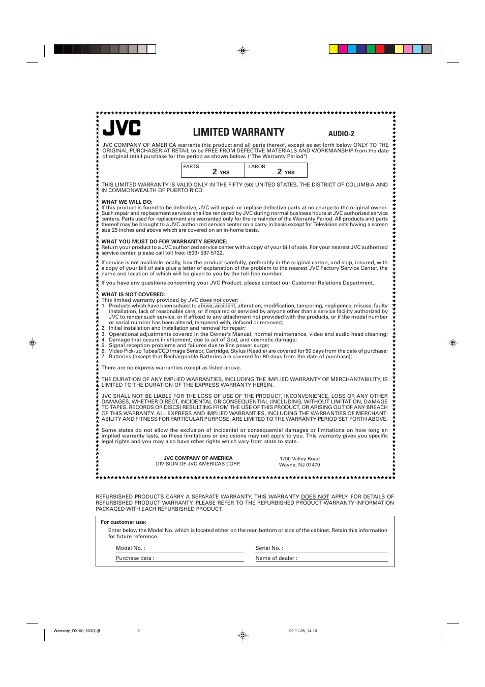 Limited warranty, Audio-2 | JVC RX-6030VBK User Manual | Page 42 / 87