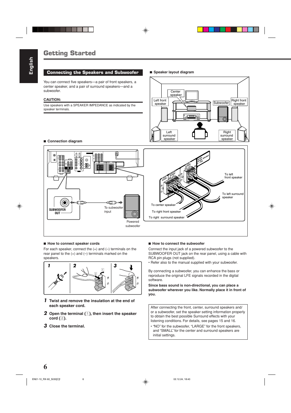 Getting started, English, Connecting the speakers and subwoofer | Close the terminal | JVC RX-6030VBK User Manual | Page 52 / 87