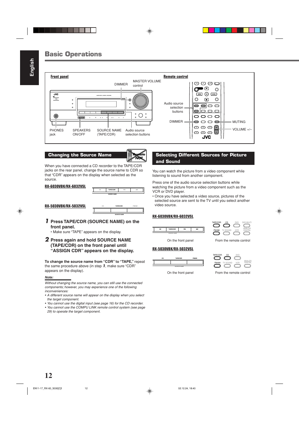 Basic operations, English, Press tape/cdr (source name) on the front panel | Selecting different sources for picture and sound | JVC RX-6030VBK User Manual | Page 58 / 87