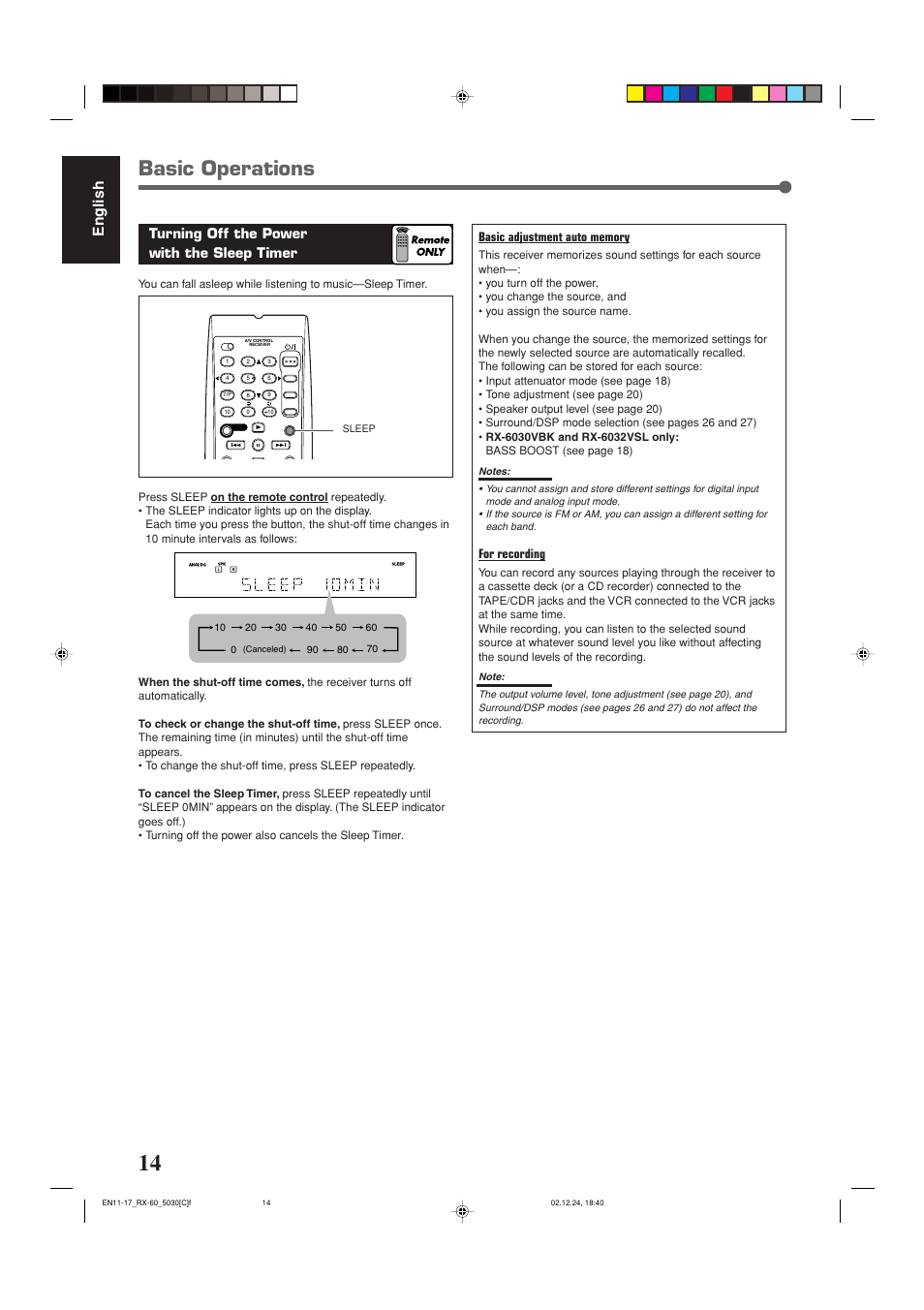 Basic operations, English, Turning off the power with the sleep timer | For recording | JVC RX-6030VBK User Manual | Page 60 / 87