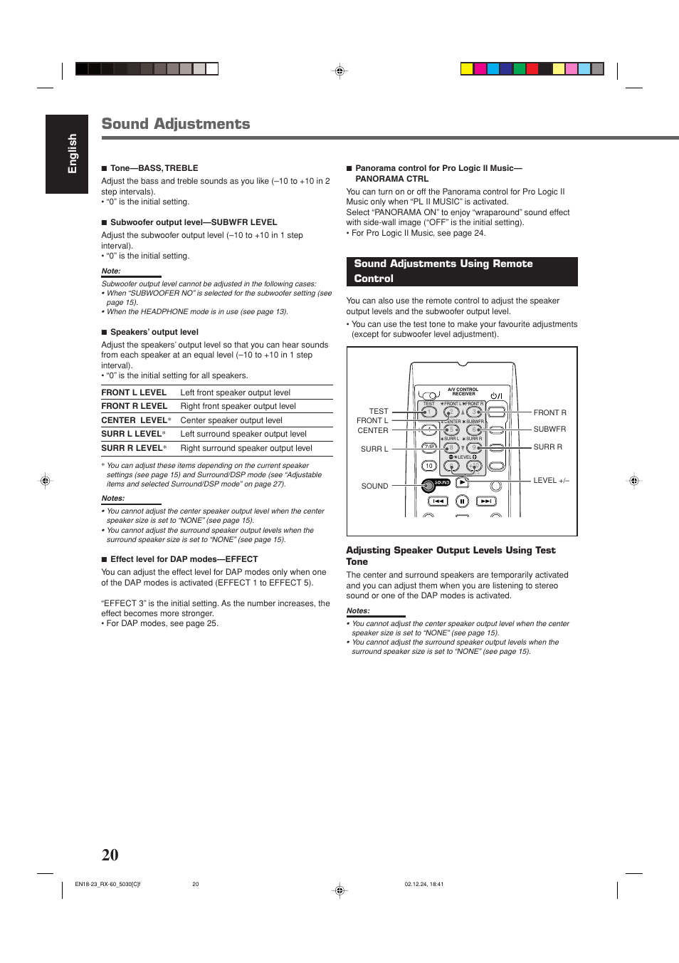 Sound adjustments, English, Sound adjustments using remote control | JVC RX-6030VBK User Manual | Page 66 / 87