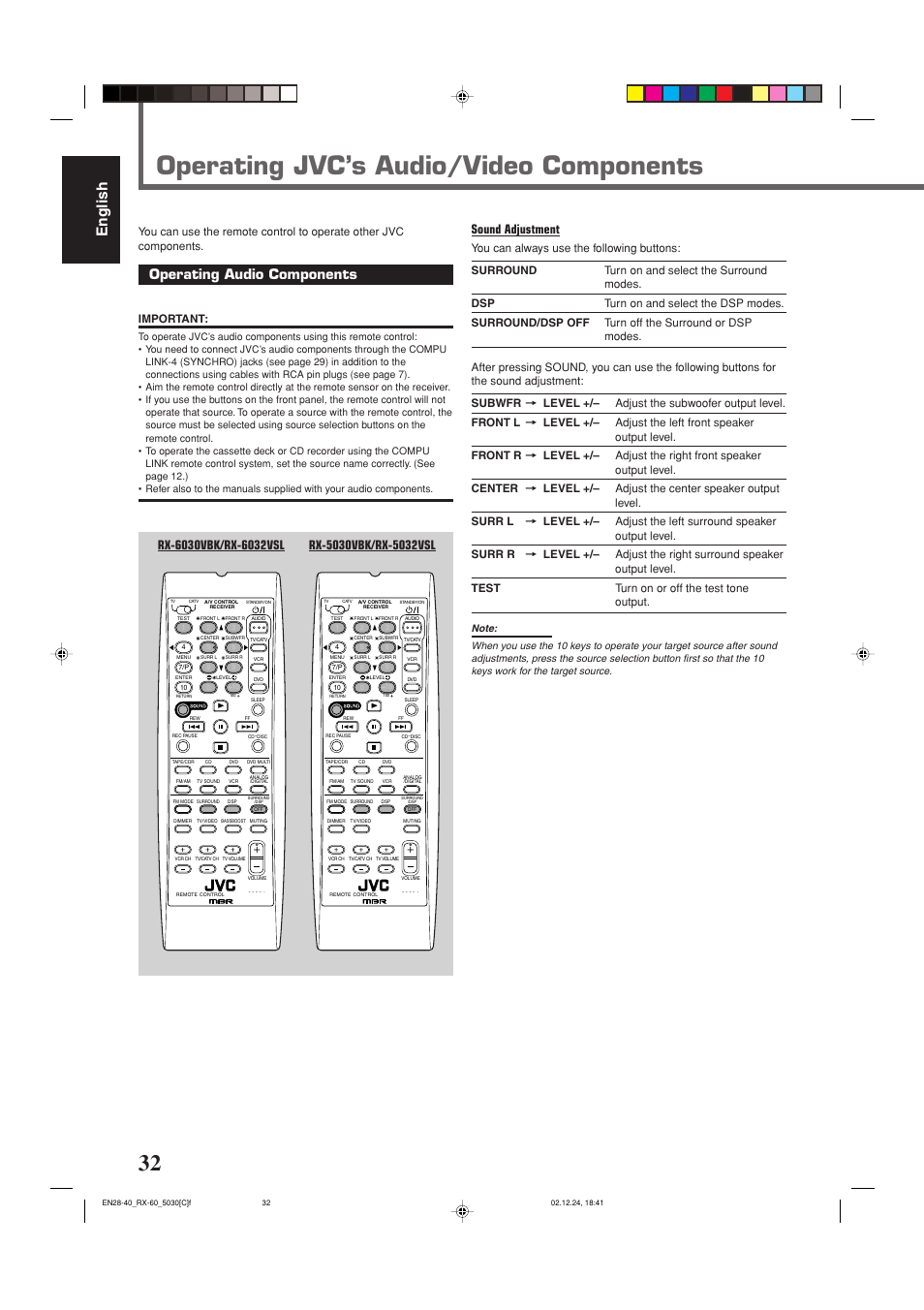 Operating jvc’s audio/video components, English, Operating audio components | Sound adjustment, Important | JVC RX-6030VBK User Manual | Page 78 / 87