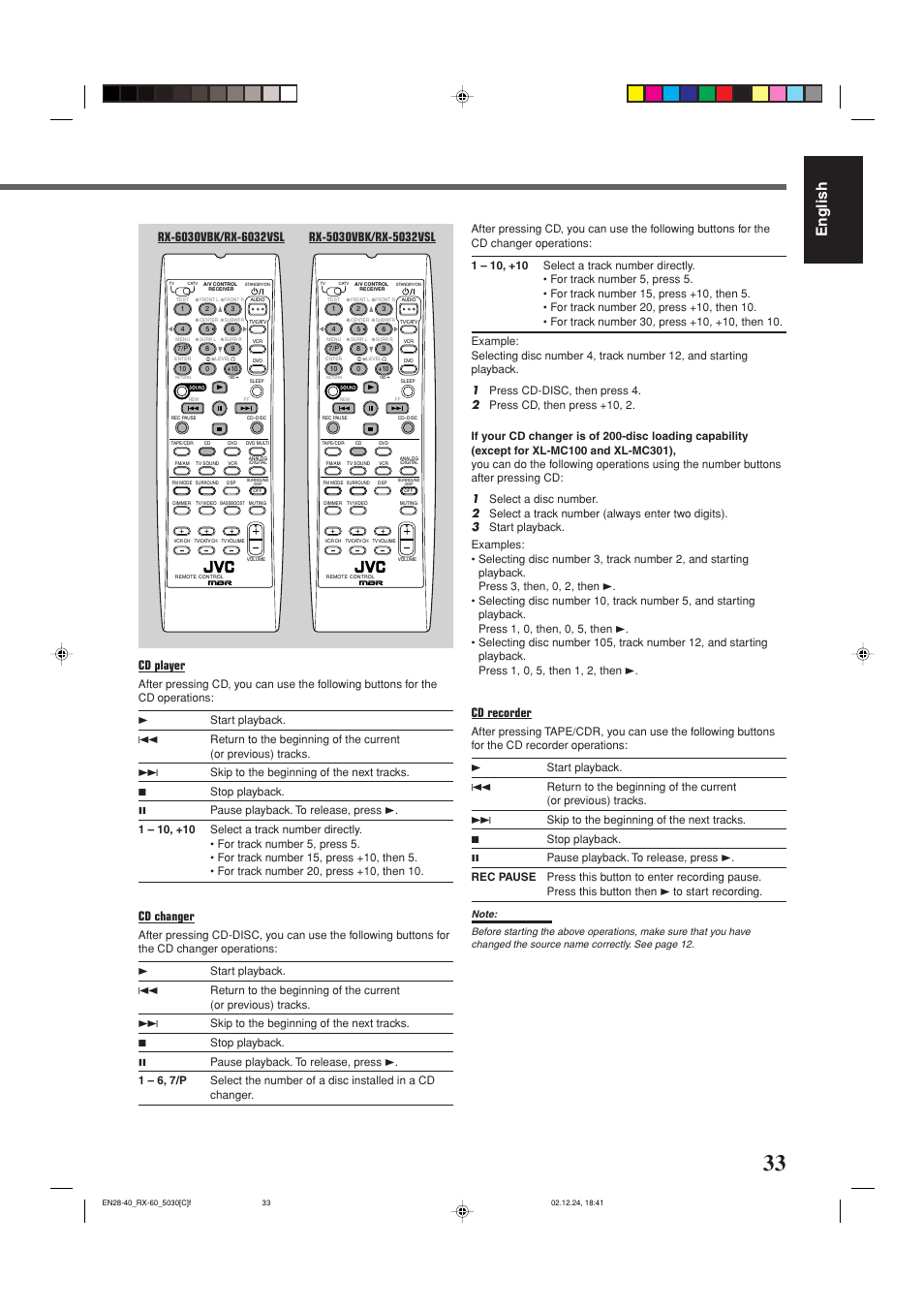 English, Cd recorder, Cd changer | JVC RX-6030VBK User Manual | Page 79 / 87