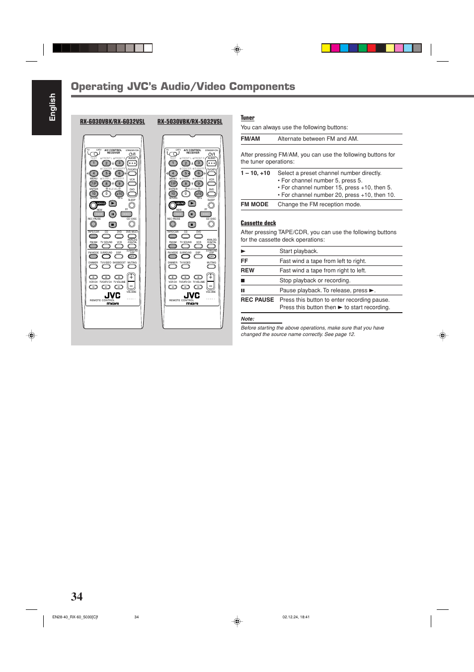 Operating jvc’s audio/video components, English, Cassette deck | JVC RX-6030VBK User Manual | Page 80 / 87