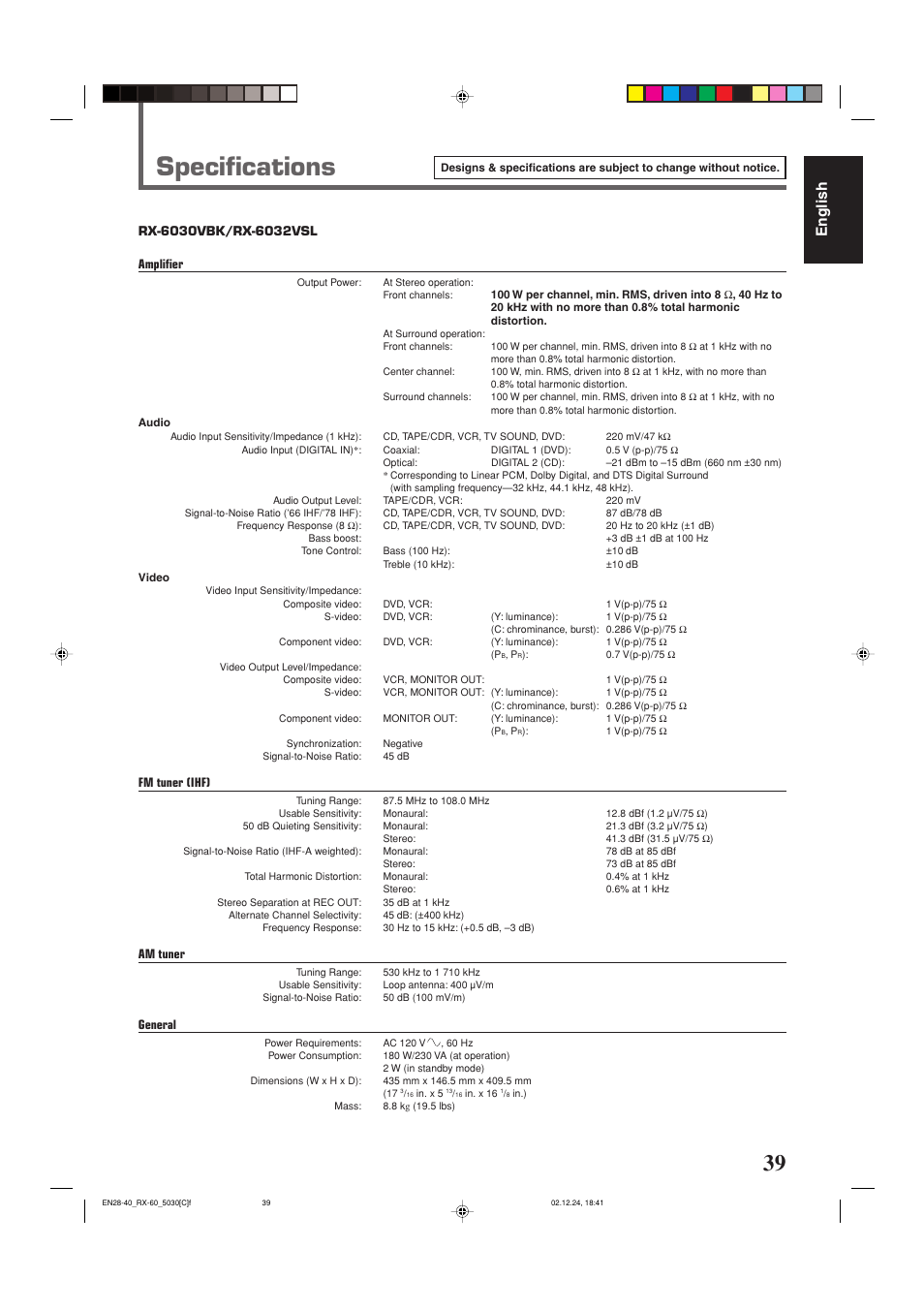 Specifications, English | JVC RX-6030VBK User Manual | Page 85 / 87