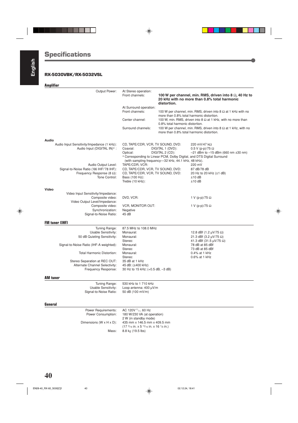 Specifications, English | JVC RX-6030VBK User Manual | Page 86 / 87