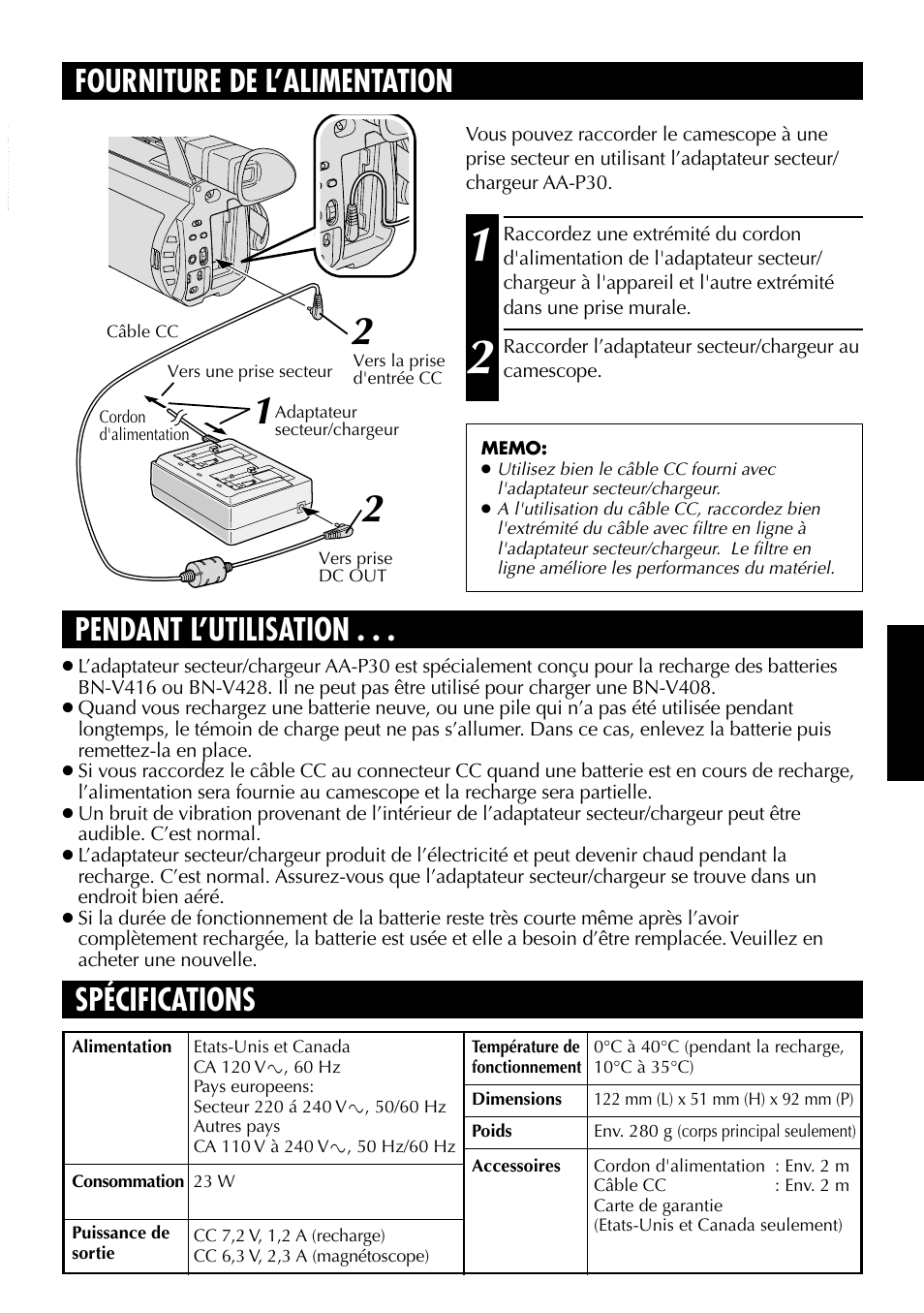 Fourniture de l’alimentation, Pendant l’utilisation, Spécifications | JVC AA-P30 User Manual | Page 15 / 16