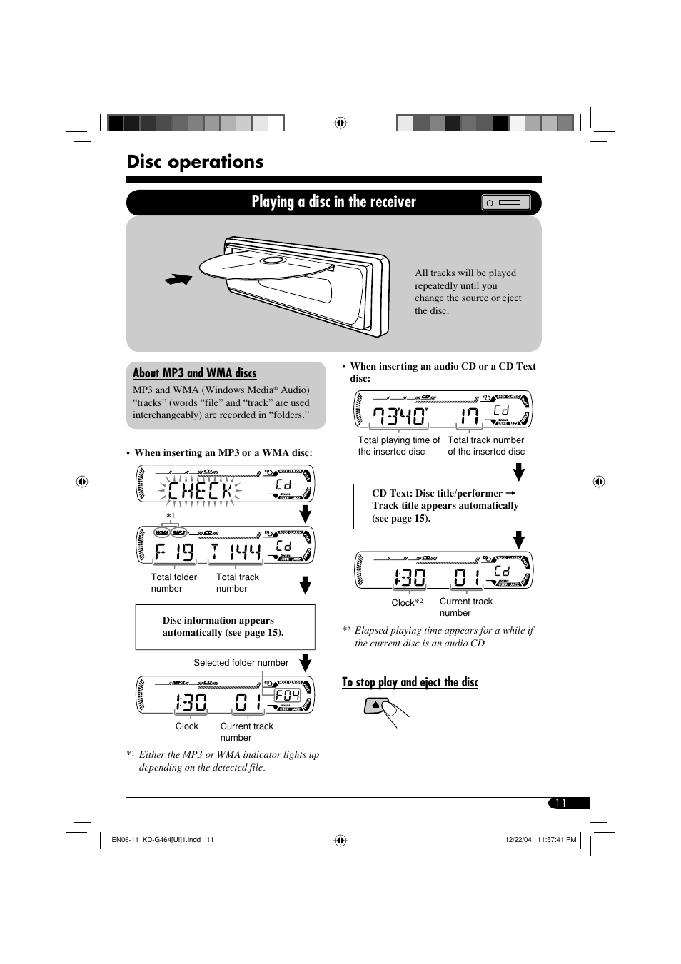 Disc operations, Playing a disc in the receiver | JVC KD-G464 User Manual | Page 11 / 32