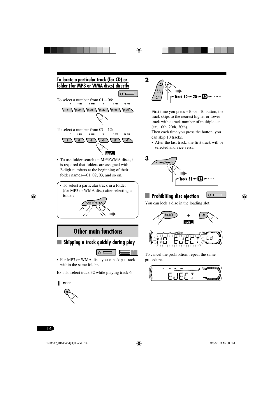 Other main functions, Skipping a track quickly during play, Prohibiting disc ejection | JVC KD-G464 User Manual | Page 14 / 32