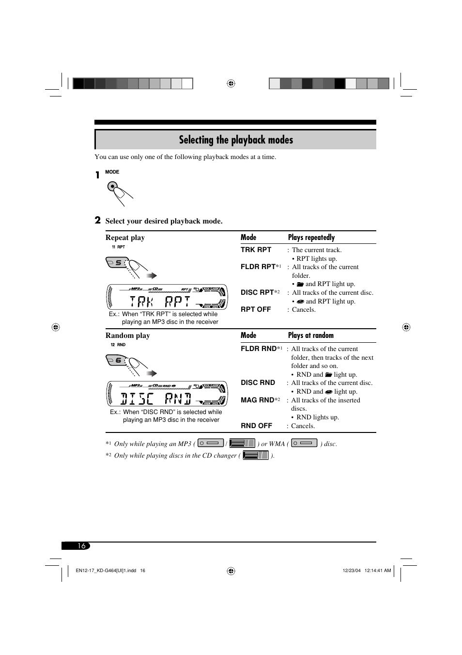 Selecting the playback modes | JVC KD-G464 User Manual | Page 16 / 32