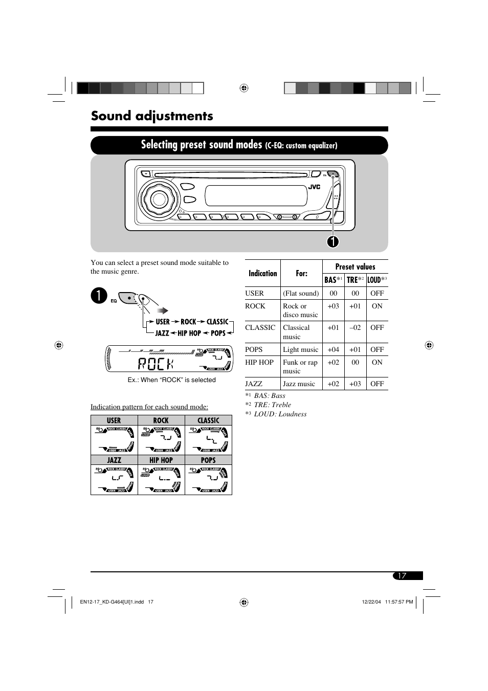 Sound adjustments, Selecting preset sound modes | JVC KD-G464 User Manual | Page 17 / 32