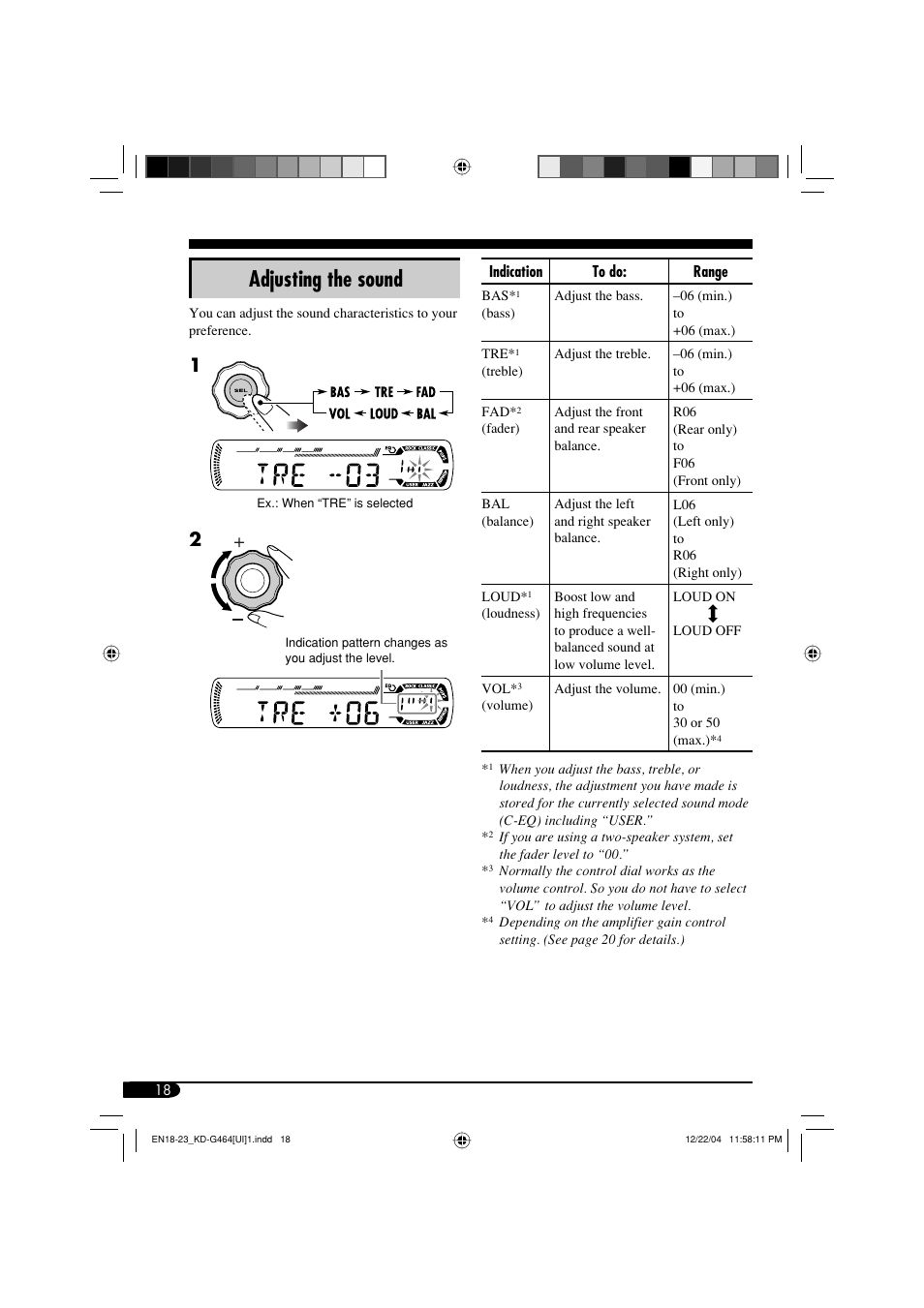 Adjusting the sound | JVC KD-G464 User Manual | Page 18 / 32