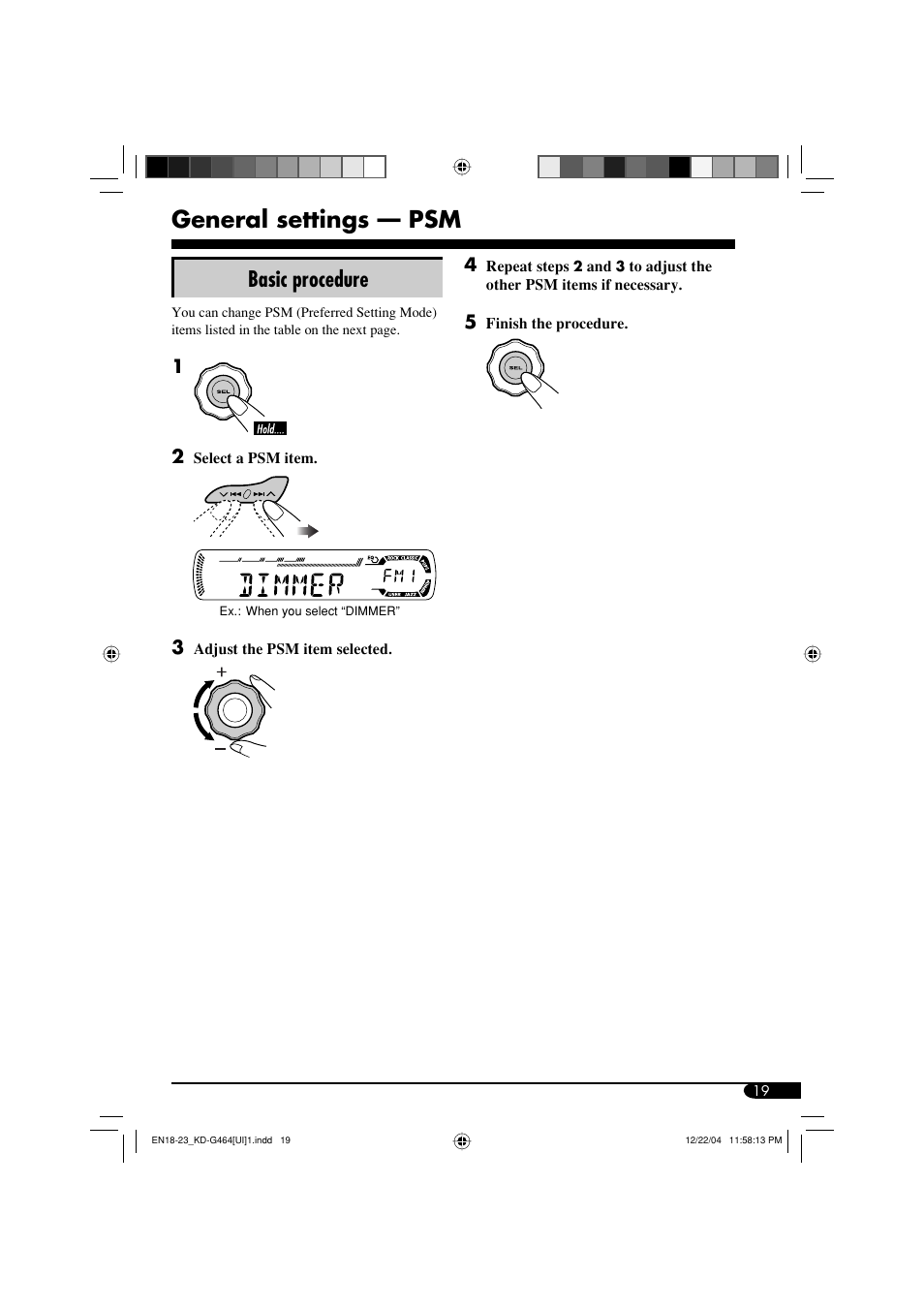 General settings — psm, Basic procedure | JVC KD-G464 User Manual | Page 19 / 32