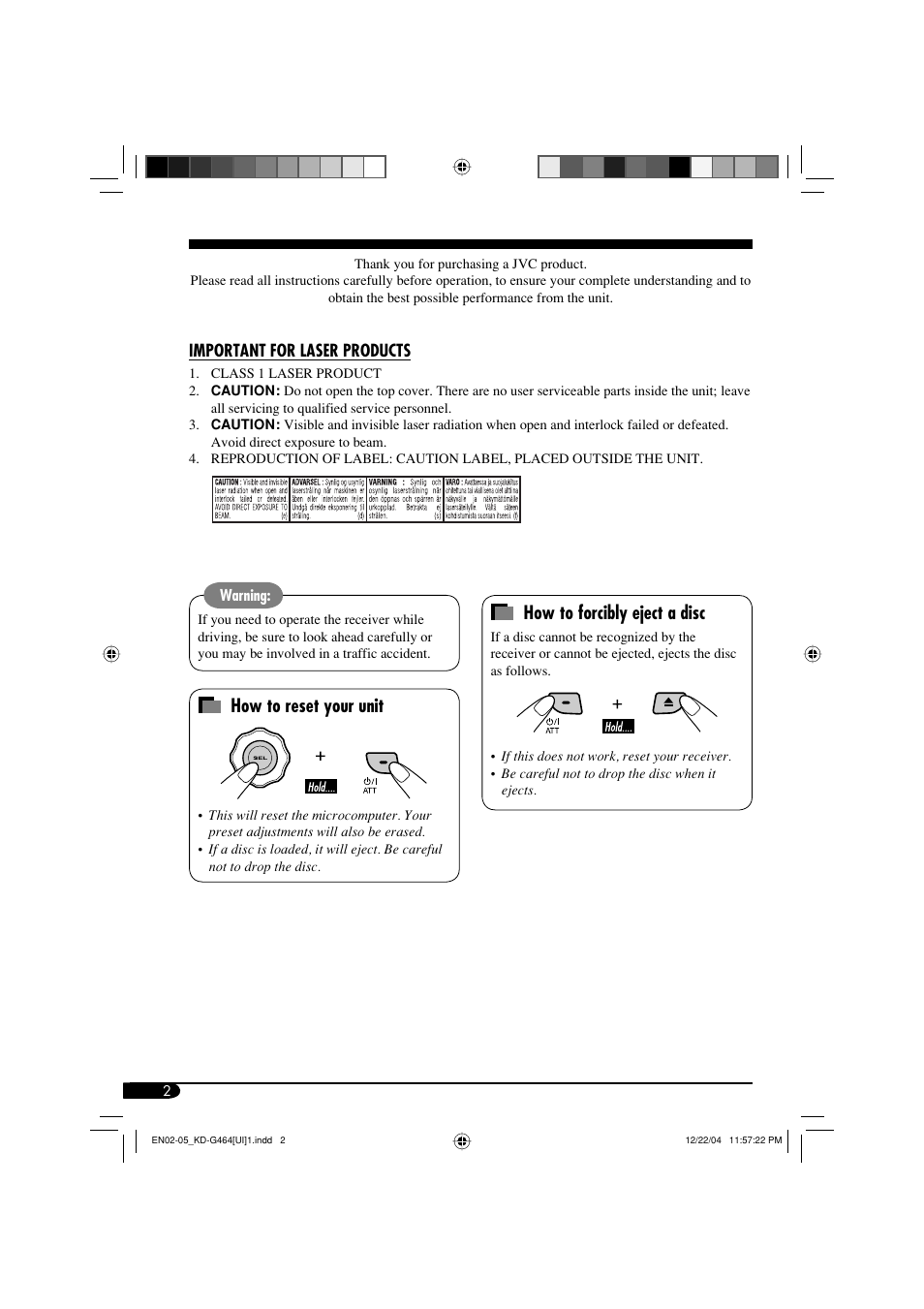 Important for laser products, How to reset your unit, How to forcibly eject a disc | JVC KD-G464 User Manual | Page 2 / 32