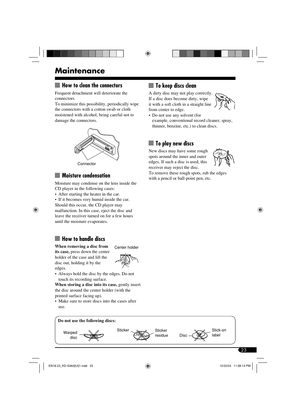 Maintenance, How to clean the connectors, Moisture condensation | How to handle discs | JVC KD-G464 User Manual | Page 23 / 32