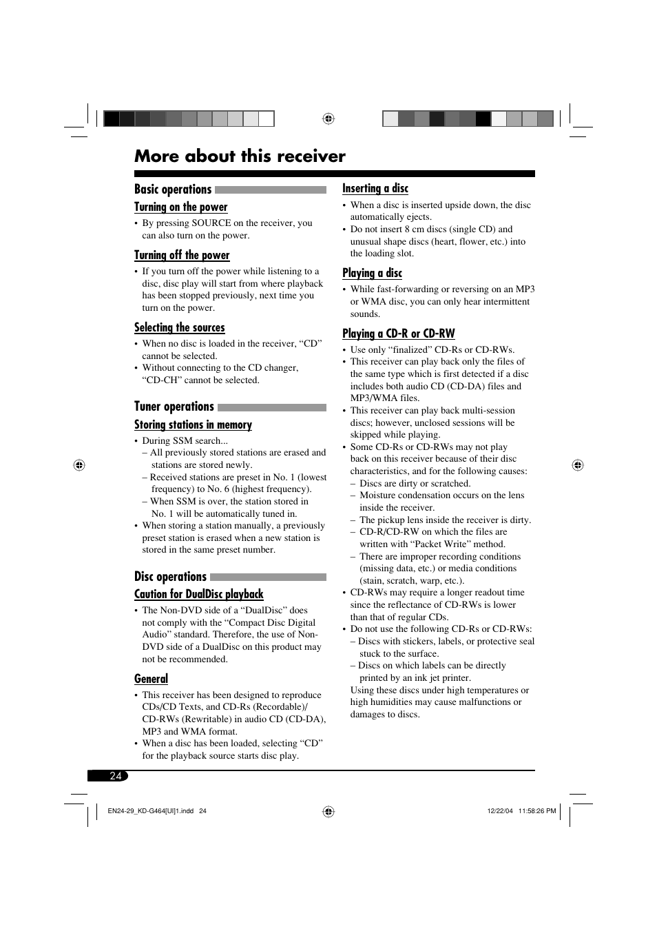 More about this receiver, Basic operations, Tuner operations | Disc operations | JVC KD-G464 User Manual | Page 24 / 32