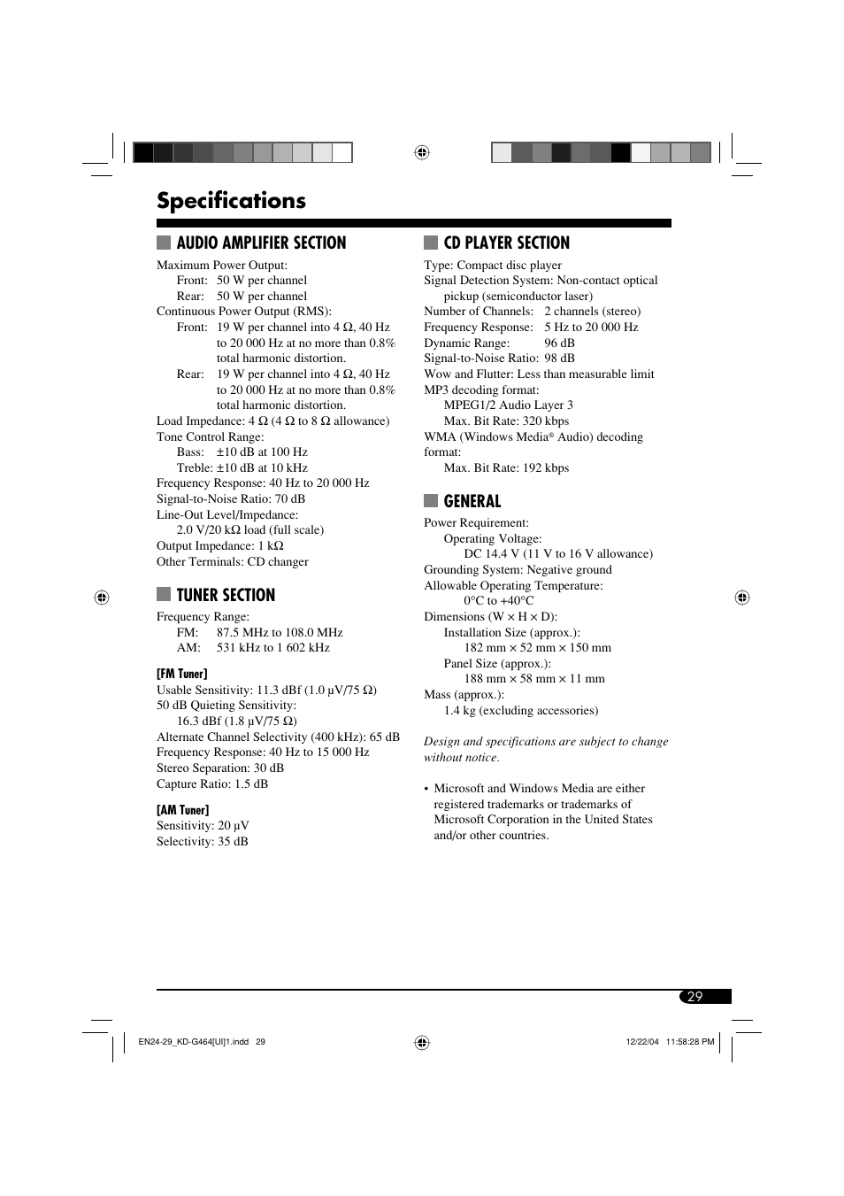 Specifications, General | JVC KD-G464 User Manual | Page 29 / 32